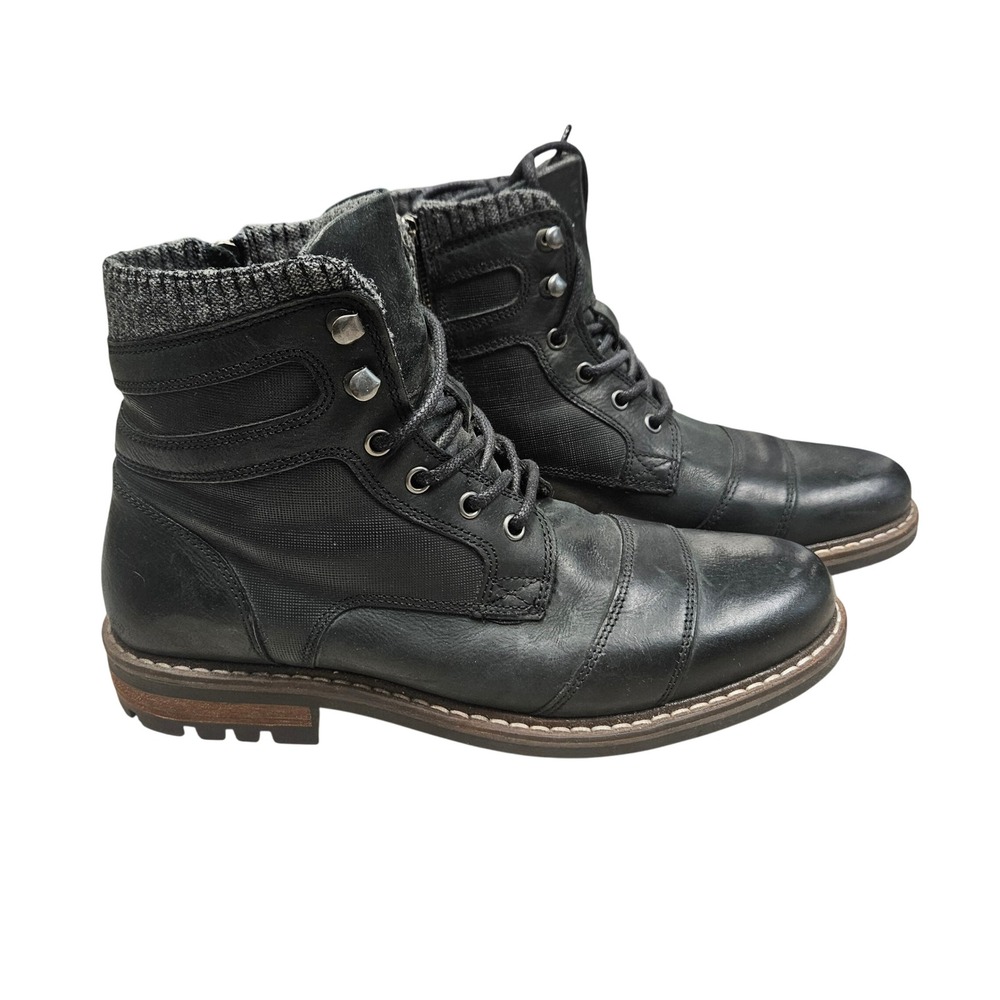 Crevo Cayson Combat Boots Mens 10 Black Leather Knit Collar Lace Up Side Zip Lug